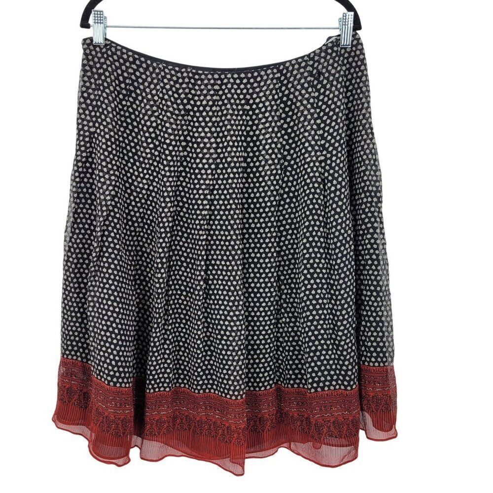 Anne Klein Silk Skirt 14 Black White Polka‎ Dot Red Lace Hem Full Flare Pinup